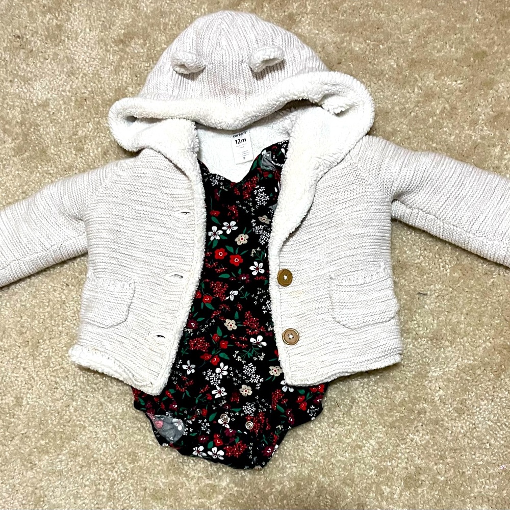Carters 12 month outfit, sherpa lined knit button up sweater with ears & onesie